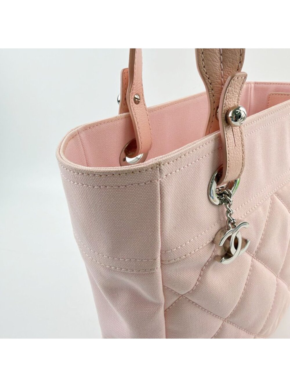 Chanel Paris Biarritz PM Here Charm Quilted Tote Shoulder Bag Canvas Pink - Picture 8 of 16